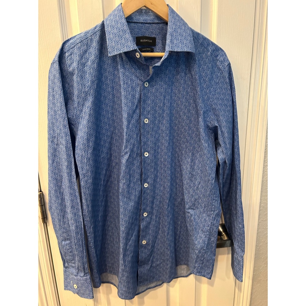 Bugatchi Comfort Stretch Long Sleeve‎ Button Down Shirt Blue Pattern 16